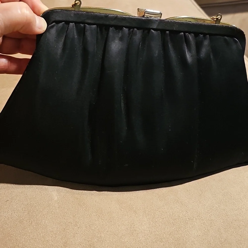 VINTAGE Purse Evening Satin Black Gold Chain Clutch Dance Party